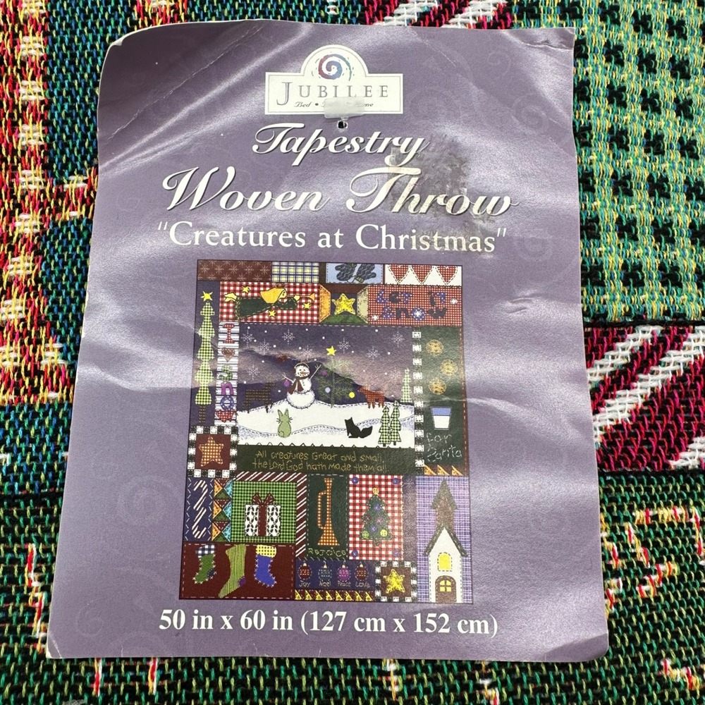 VTG Jubilee Tapestry Christmas Throw Blanket "Creatures at Christmas " 50x60 USA